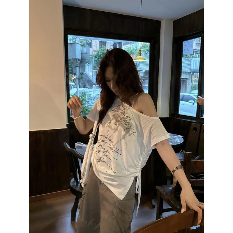 【辣妹斜肩】夏季新款美式斜肩辣妹字母印花短袖T恤上衣