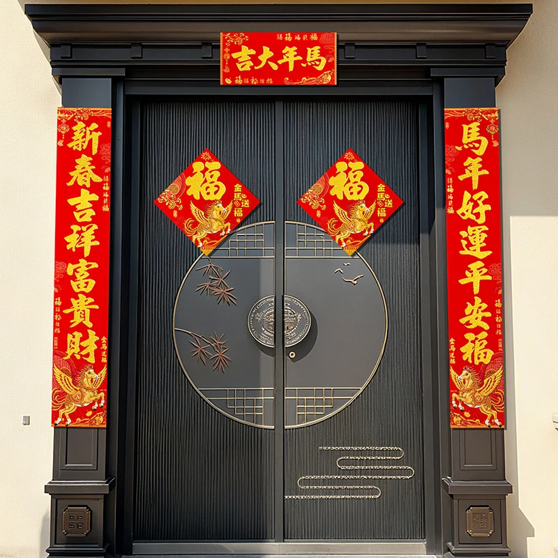 2026马年新款对联家用绒布立体烫金大门春联自带背胶家用高档对联