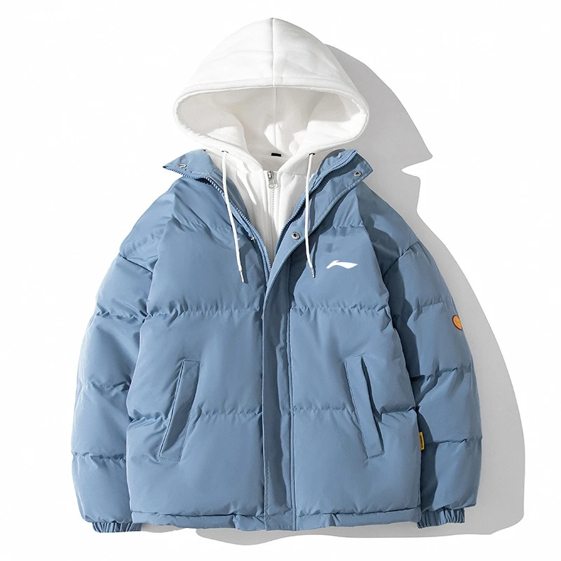 国货撞色连帽棉服男款冬季假两件棉衣橡筋下摆落肩袖