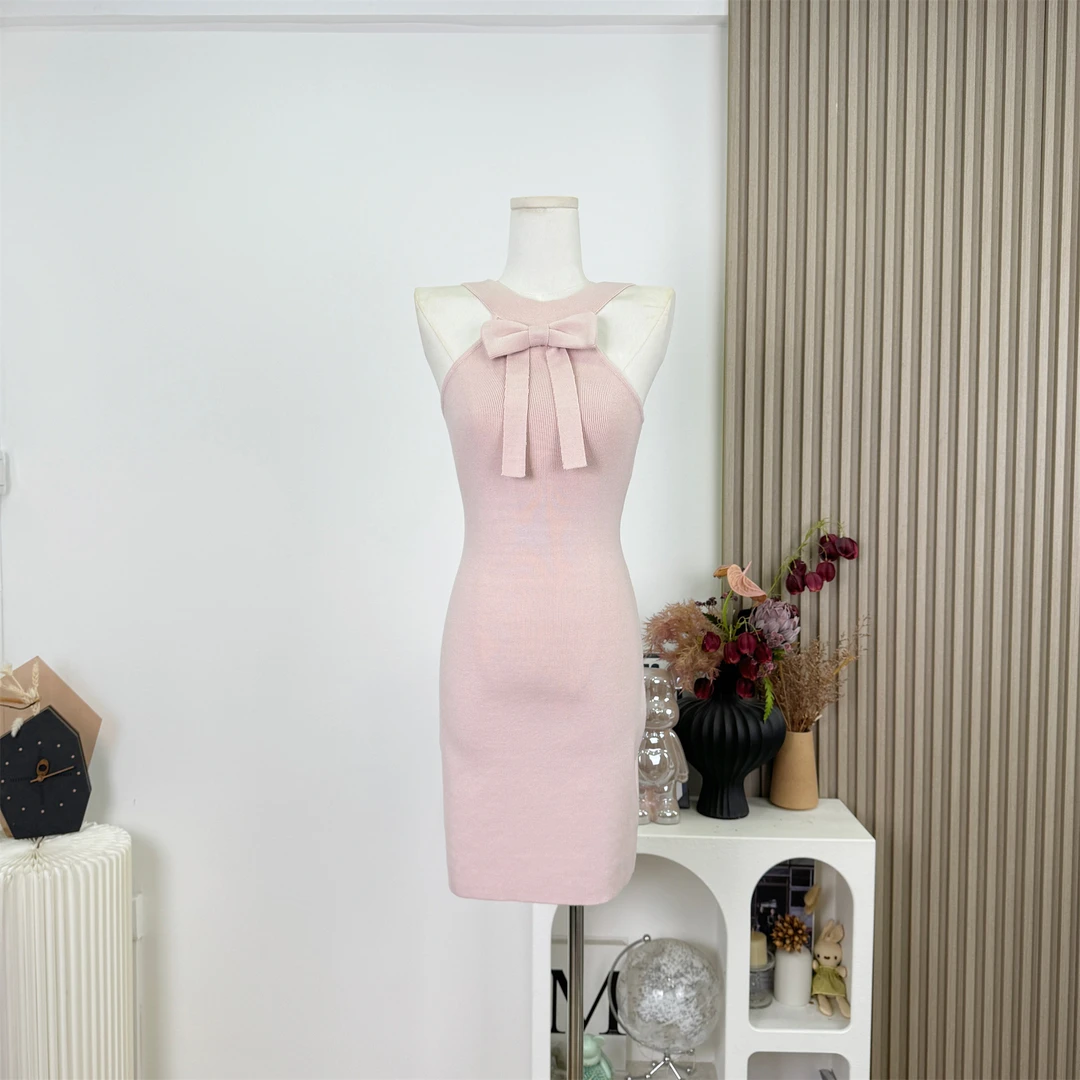 甜心蝴蝶结超嗲针织裙收腰显瘦温柔气质包臀连衣裙女秋冬季