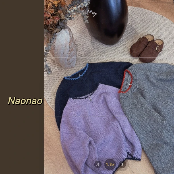 Naonao～韩系圆领拼色拉链毛衣开衫外套