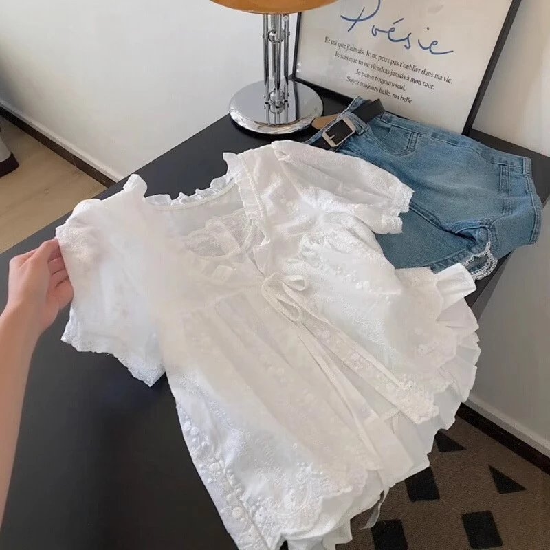 白色蕾丝短袖衬衫女2025年夏季洋气荷叶边个子减龄叠穿超好看上衣