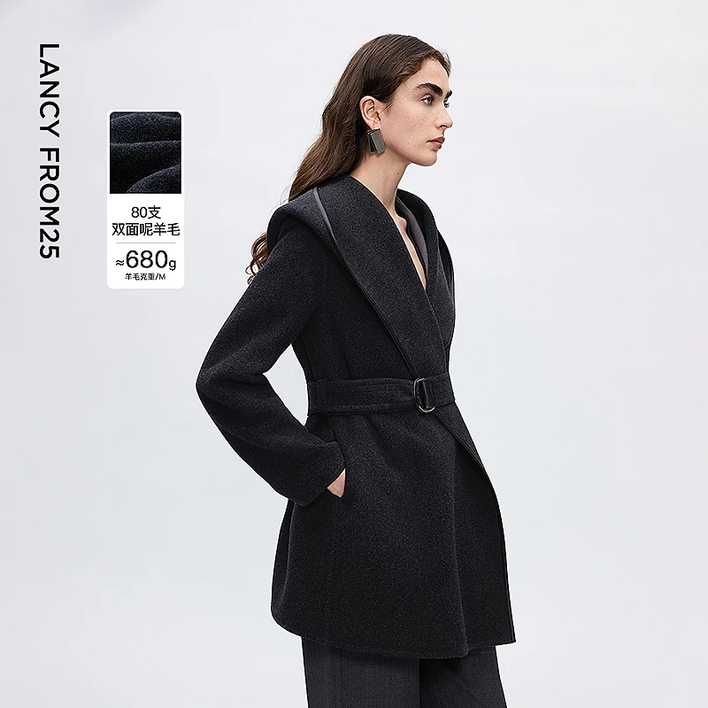 朗姿羊毛连帽翻领双面呢外套气质高级感呢子大衣女2025年冬季新款