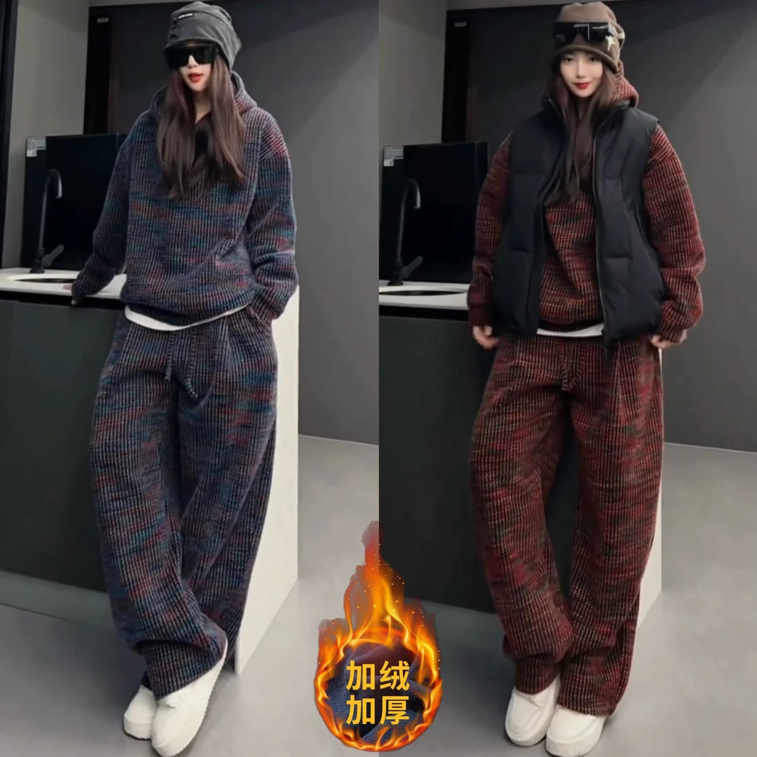 冬季新款加绒加厚休闲套装男女同款潮流百搭连帽卫衣休闲裤两件套