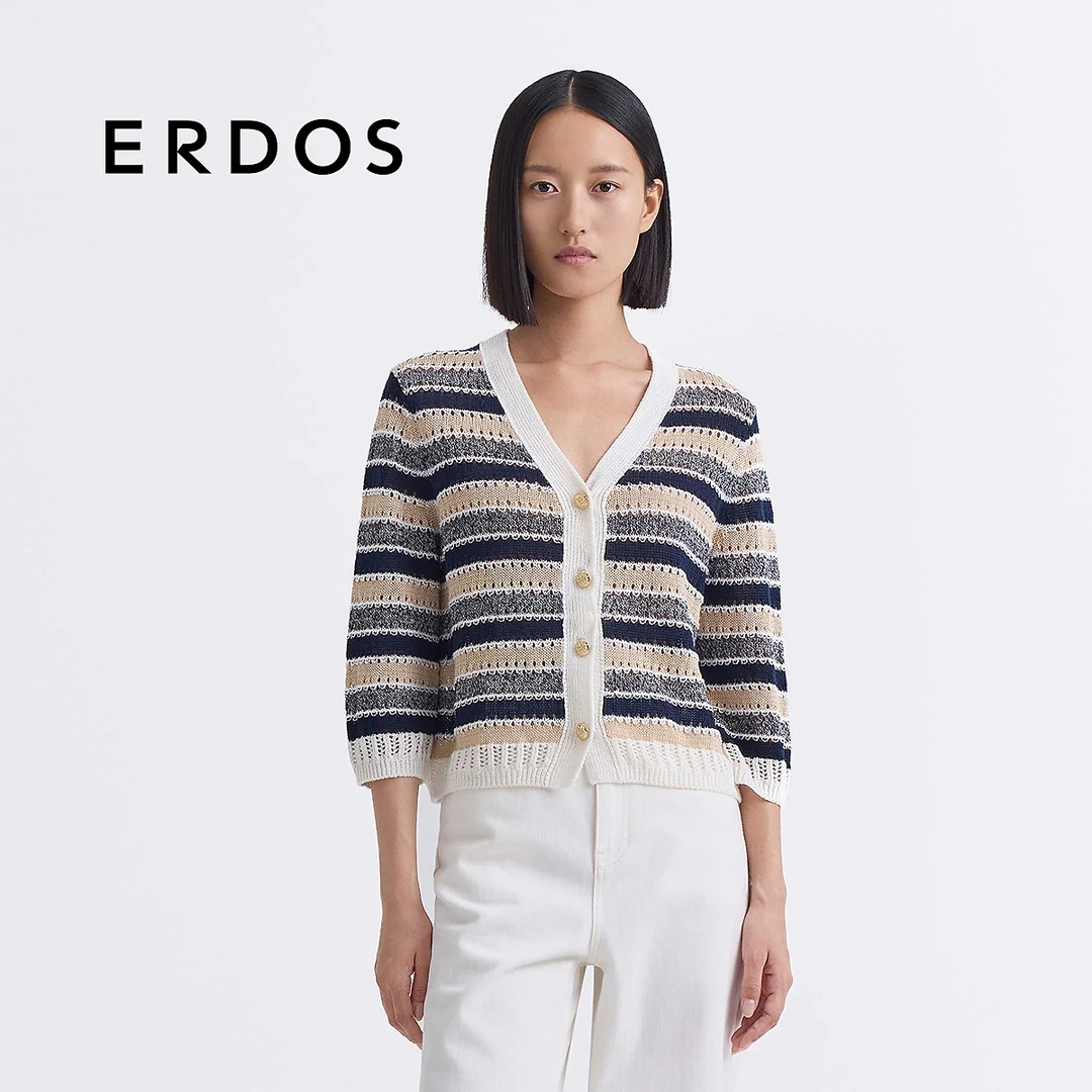ERDOS 超细亚麻镂空针织度假风夏日条纹开衫【玛德琳】25年春夏新品