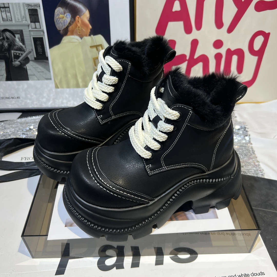 【茹姐专享】厚底增高10CM加绒马丁靴女2025秋冬百搭棉靴 0589-88