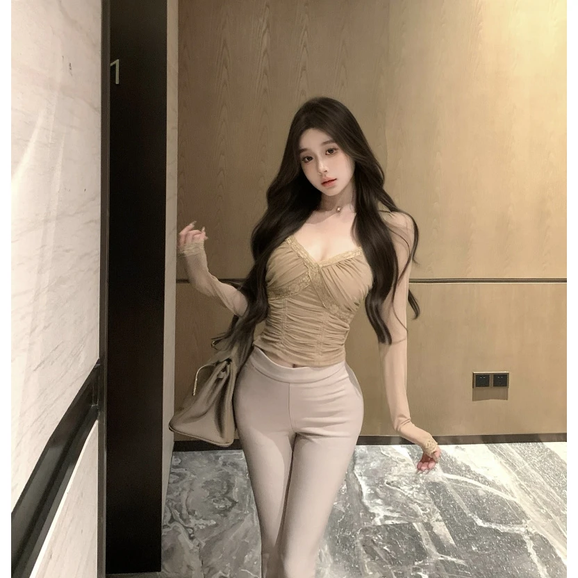 气质网纱褶皱长袖上衣自带胸垫修身显瘦内搭纯欲慵懒风女装针织