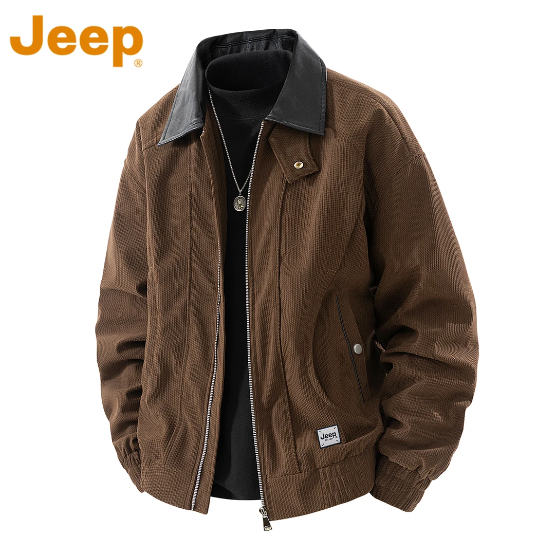 JEEP吉普灯芯绒秋季PU皮翻领外套男款复古宽松休闲工装夹克衫