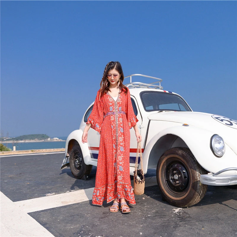 波西米亚海边民族风V领显瘦蝙蝠长袖高腰宽松红色长裙度假连衣裙