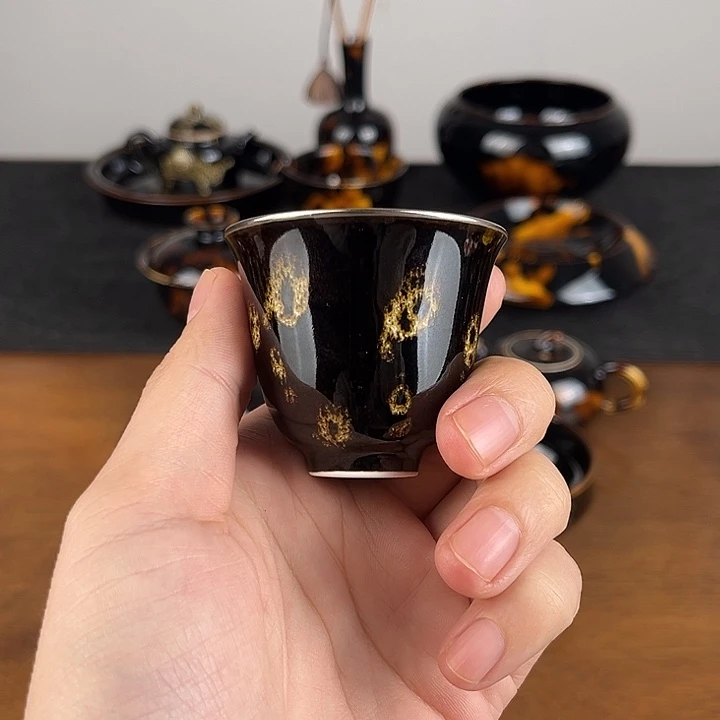 杯点彩鹧鸪斑描金闻香小客杯