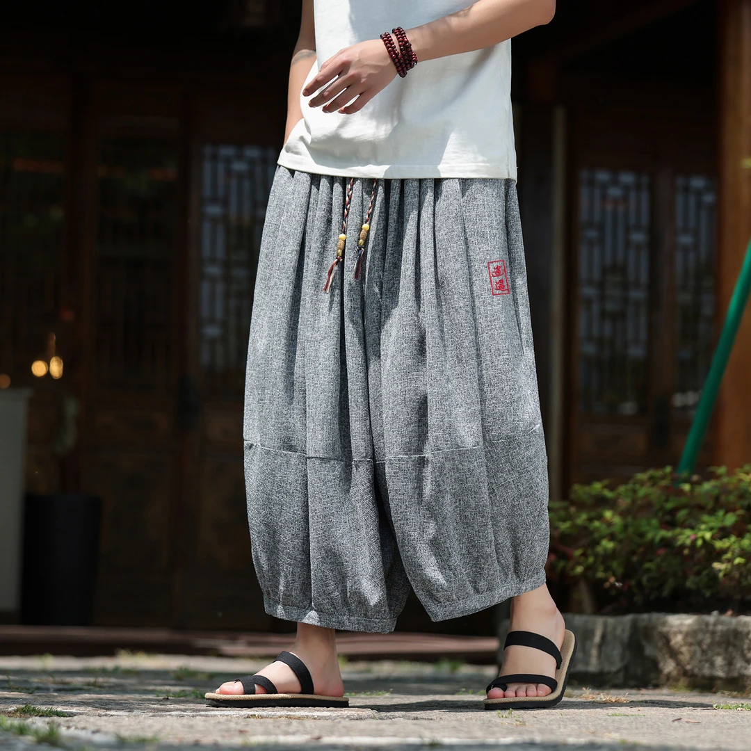 中国风刺绣灯笼哈伦裤男士冰丝休闲九分裤夏季薄款大码宽松直筒裤
