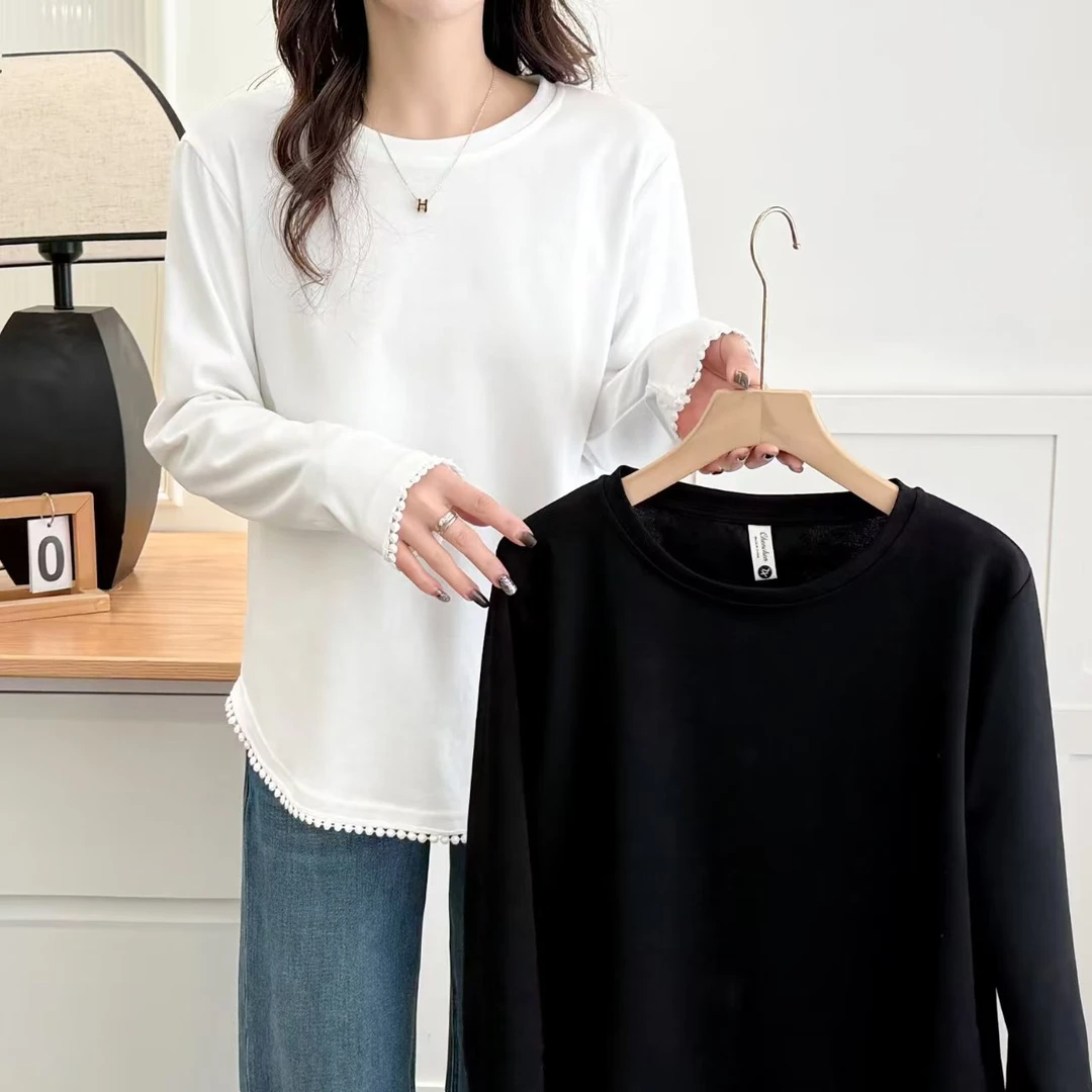 春季时尚百搭长袖T恤设计感不规则圆领薄款打底衫假两件显瘦休闲