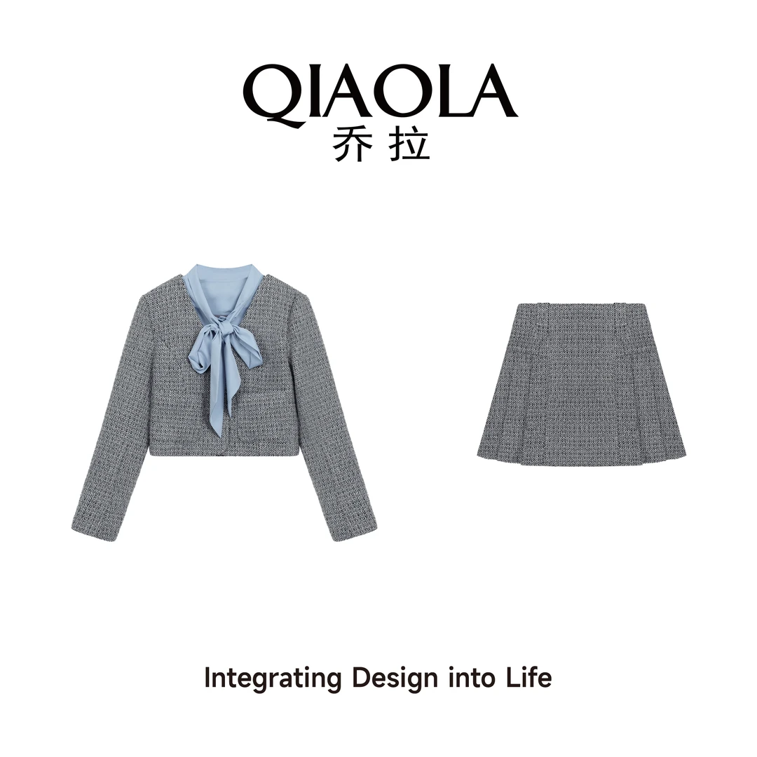 QIAOLA/乔拉【南法印象】秋冬季小香风梭织假两件绑带时尚套装预售