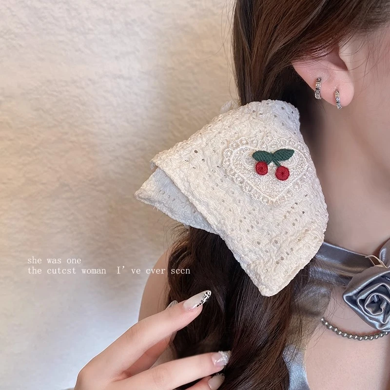 手作蕾丝爱心樱桃白色镂空方巾大肠发圈甜美少女心扎马尾皮筋头绳