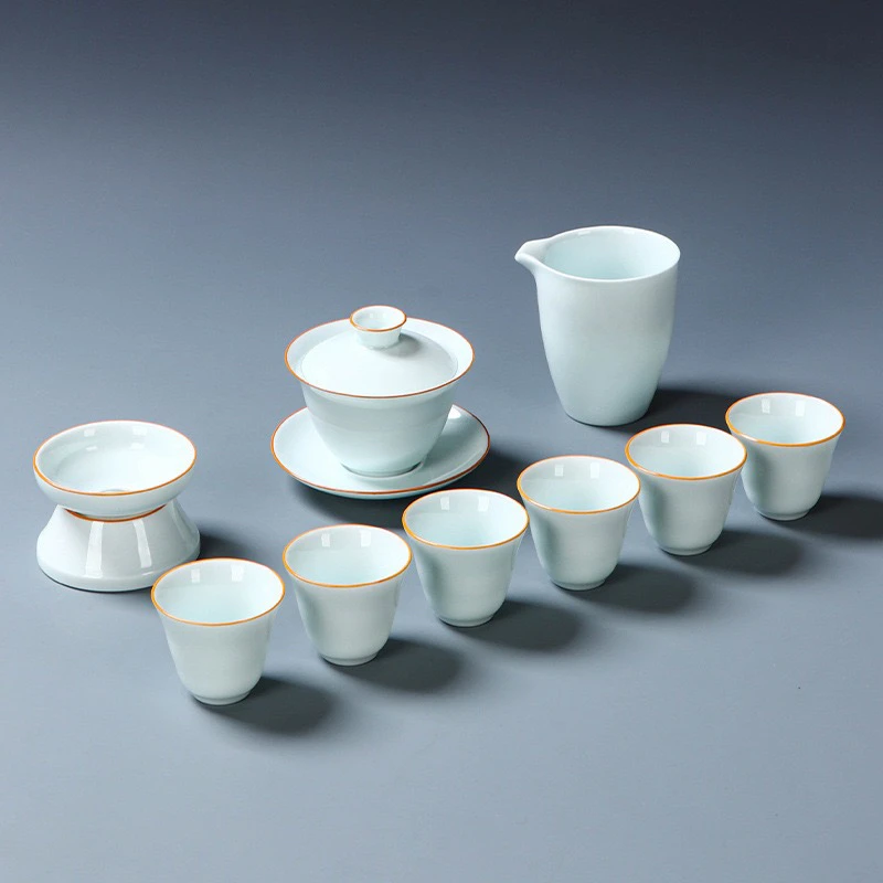 高档会客中式泡茶礼盒家用青瓷茶具礼盒装描金茶道瓷盖碗手工轻奢