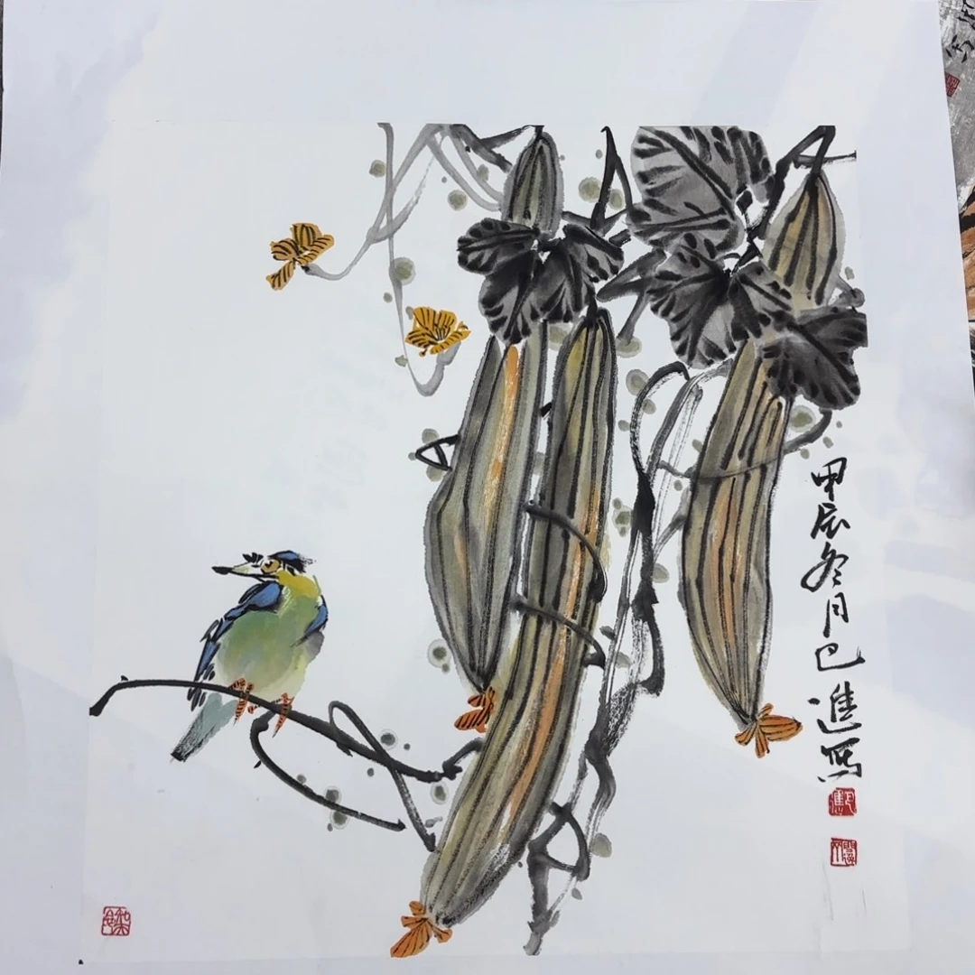 国画金****响巴进斗方花鸟