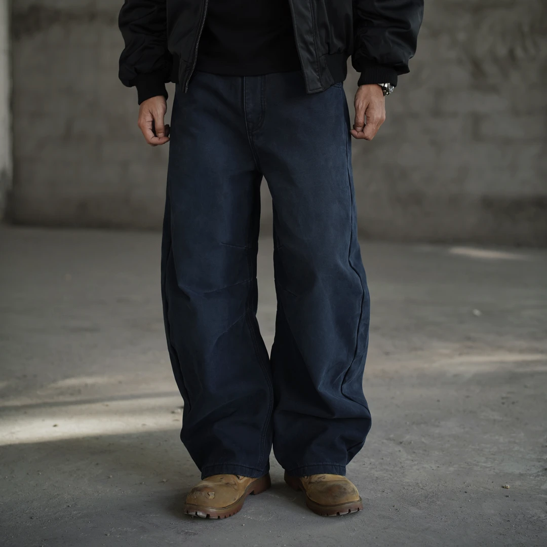 Unholism 【加绒】美式复古水洗高密珠帆布廓形宽松阔腿弯刀牛仔裤