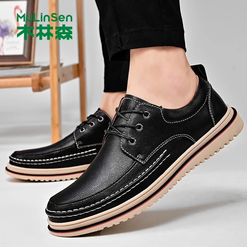 木林森男鞋复古休闲皮鞋透气系带真皮软底鞋子新款商务2025潮