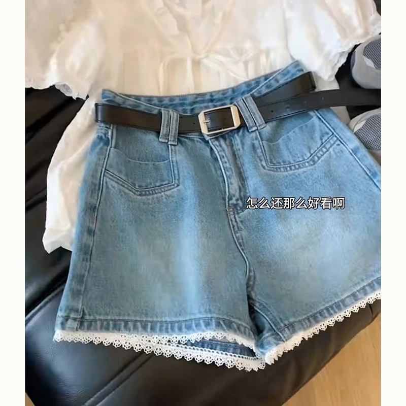 蓝色蕾丝花边高腰牛仔短裤女夏季新款高腰休闲宽松显瘦阔腿a字裤