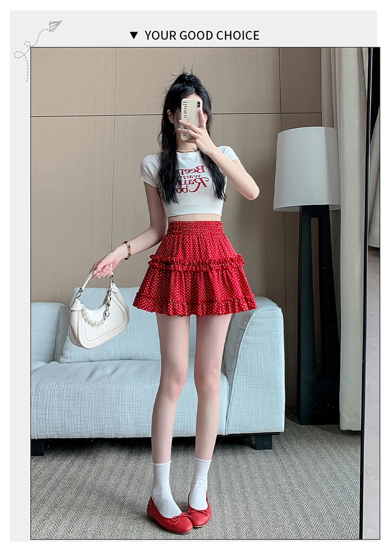 大码胖mm夏季新款法式甜美复古波点蛋糕短裙高腰显瘦百搭半身裙女