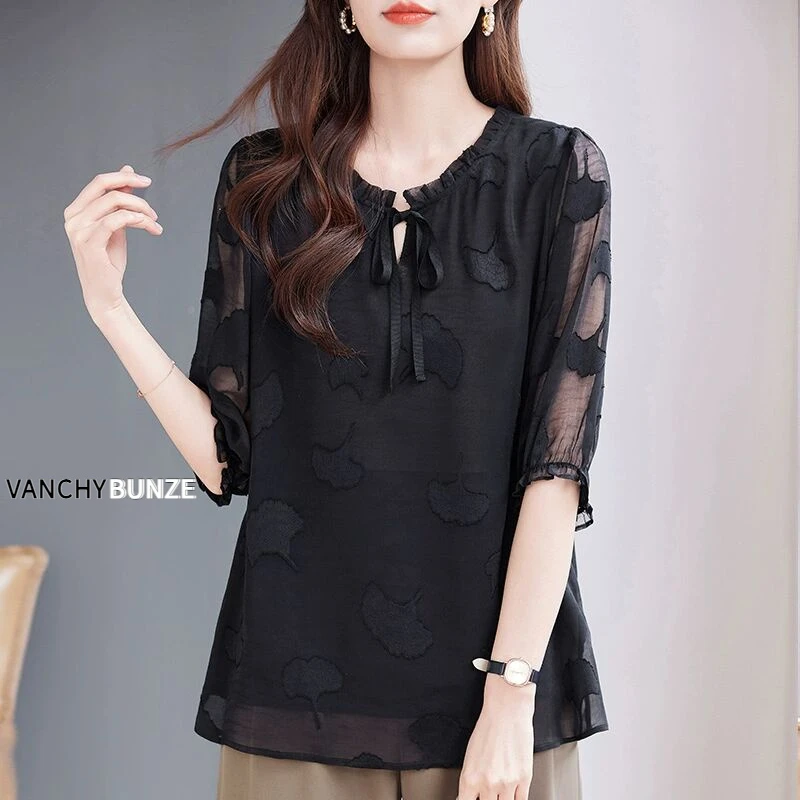 BUNZE 大码七分袖雪纺衫夏2025新款女装今年流行黑色上衣宽松中袖