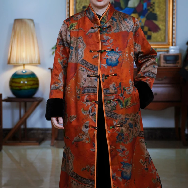 『尘曲』复古中国风两面穿皮毛一体唐装穿搭长款外套-W3Z5301