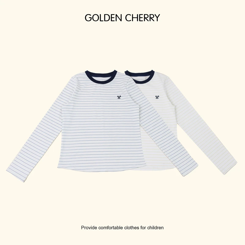 6【Golden cherry】儿童蝴蝶结拼接领口条纹打底T恤288027