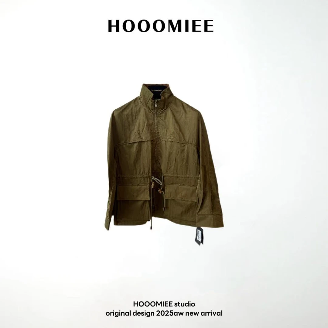 Hooomiee军绿色带口袋抽绳长袖女士外套220116