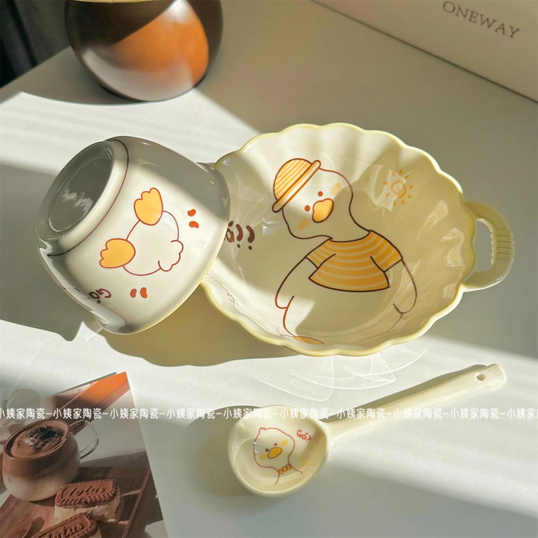 220【GA鸭双耳一人食】双耳碗+碗+勺 GaGa鸭陶瓷碗呆萌可爱风釉下彩