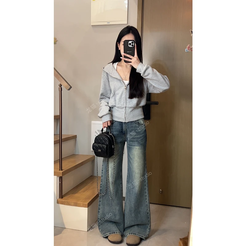 美式复古水洗低腰辣妹微喇叭裤宽松垂感百搭显瘦初秋牛仔裤女拖地