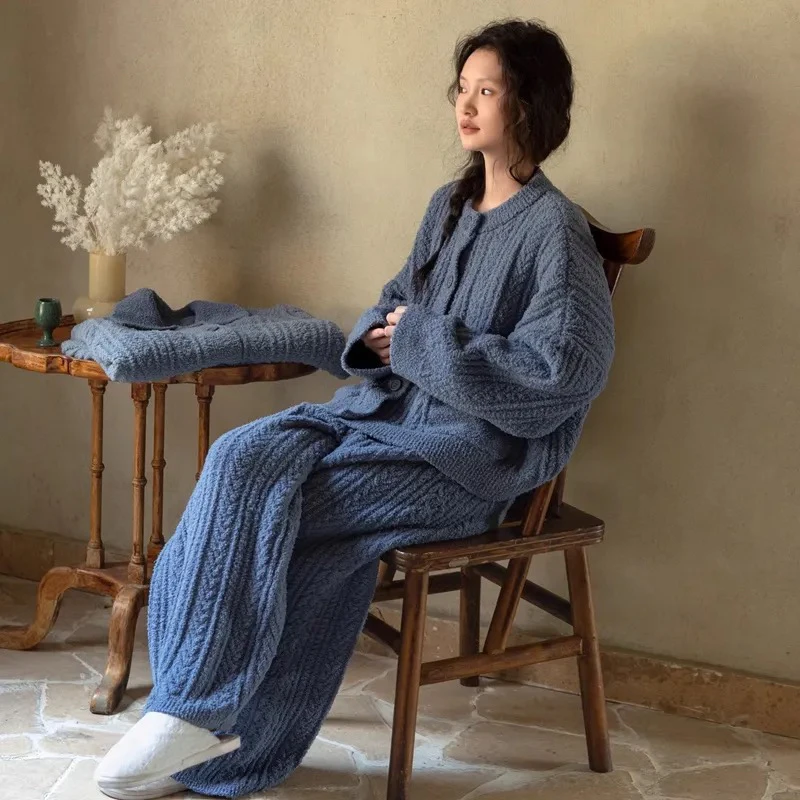 族玛士女士秋冬季半边绒复古加厚蓝色毛衣可外穿睡衣套装