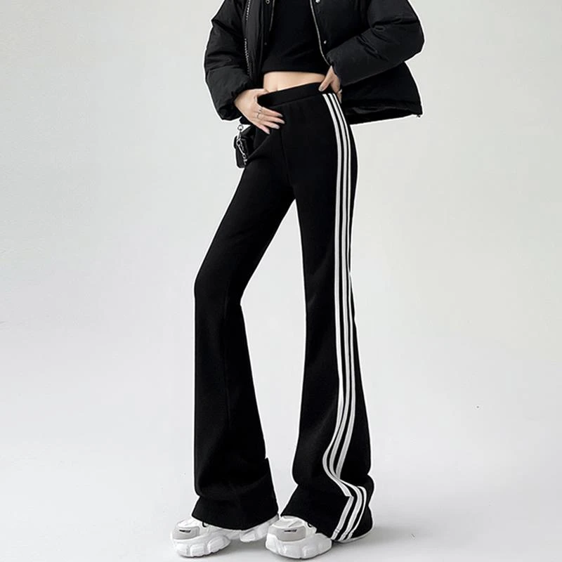 侧条纹喇叭裤女春季三道杠美式休闲运动裤子小个子高腰显瘦马蹄裤