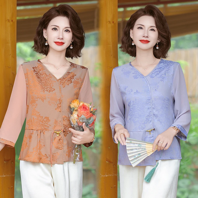 2025新款洋气中年妈妈装夏装国风衣服短袖小衫新中式宽松减龄遮肉