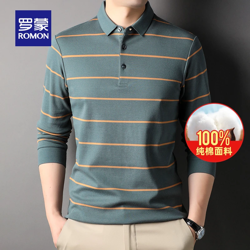 【纯棉】罗蒙男士长袖休闲T恤2025春季撞色条纹百搭翻领POLO衫男