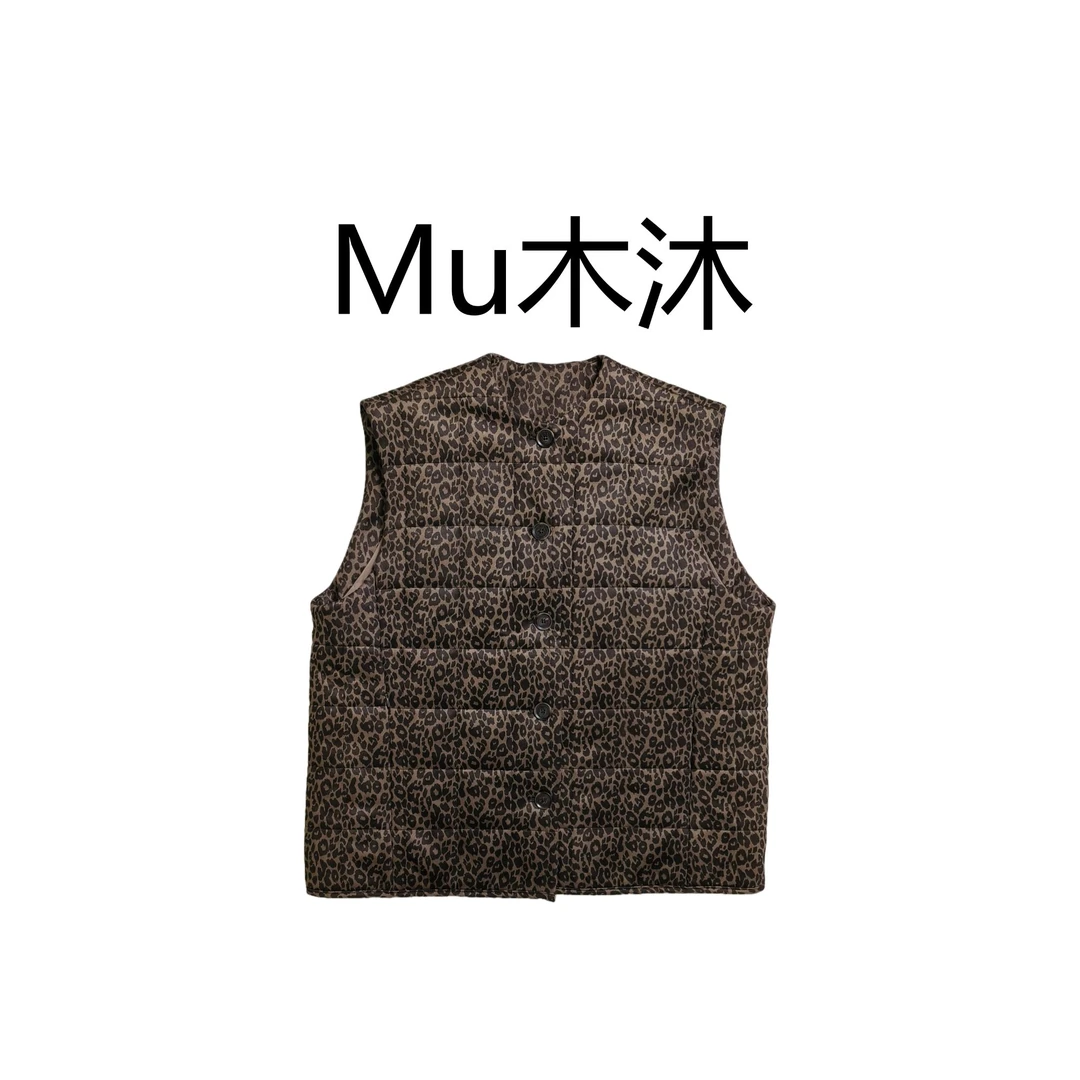Mu木沐♠新品做旧豹纹薄棉马甲