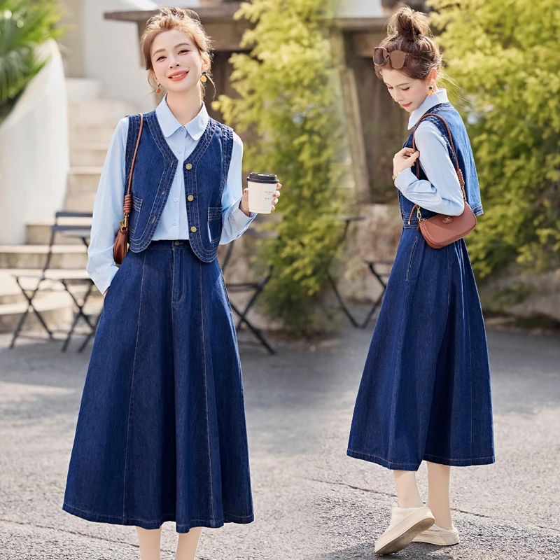 法式气质衬衫马甲牛仔套装女2025春季新款高级感气质半身裙三件套