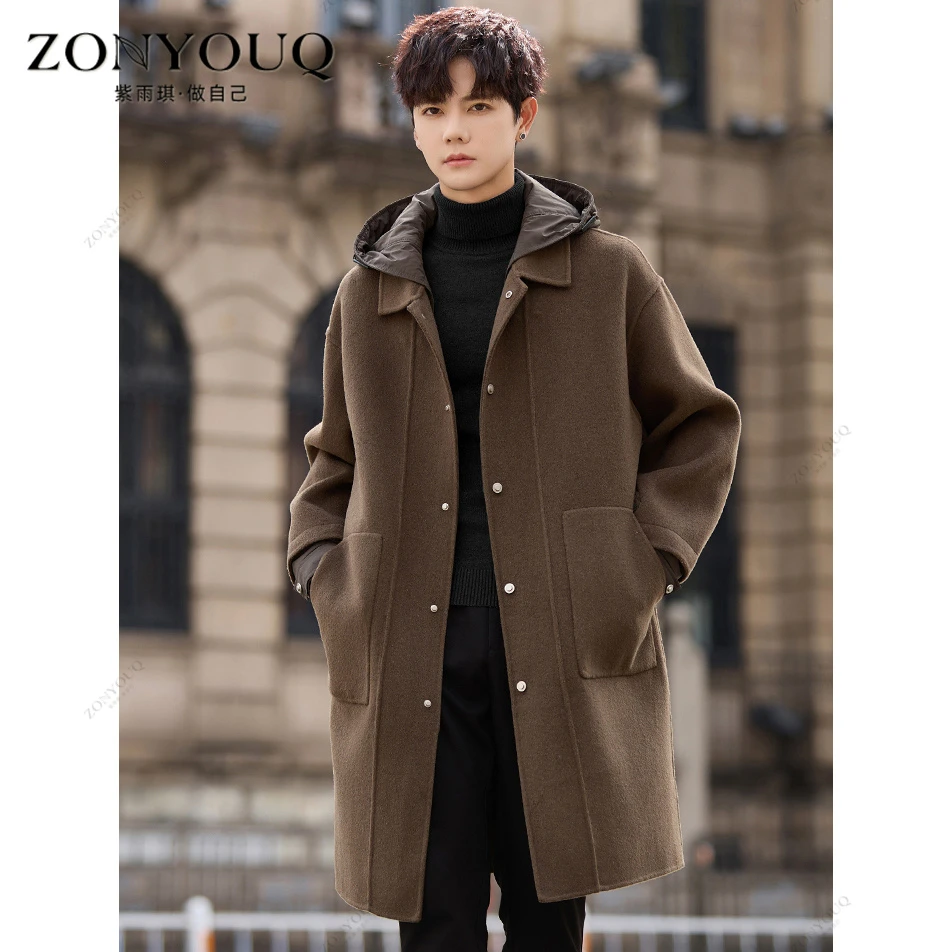 双面羊毛大衣男冬季吧可拆卸连帽中长款加厚保暖时尚潮流风衣外套