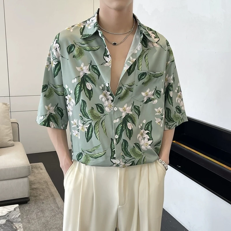 港风痞帅短袖印花衬衫男款夏威夷潮牌垂感休闲宽松冰丝中袖衬衣