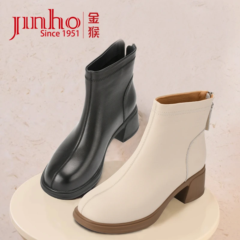 Jinho/金猴黑色真皮冬季高帮休闲英伦风女士粗跟短靴U4824010A/H