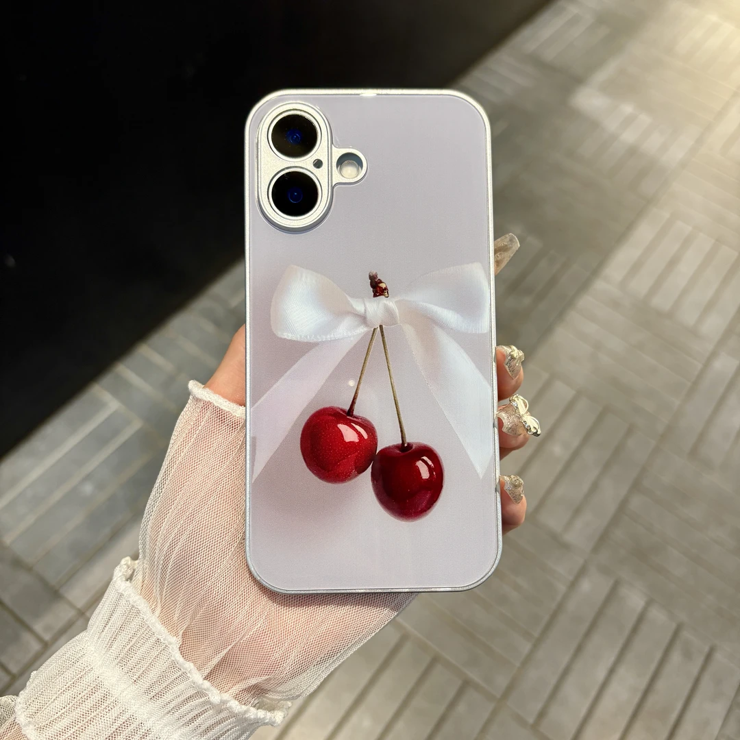 苹果/华为/oppo/vivo/小米蝴蝶结樱桃适用iPhone16肤感玻璃手机壳