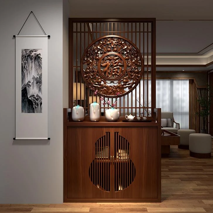 新中式屏风隔断客厅遮挡家用浮雕立体储物正对门入户玄关鞋柜实木