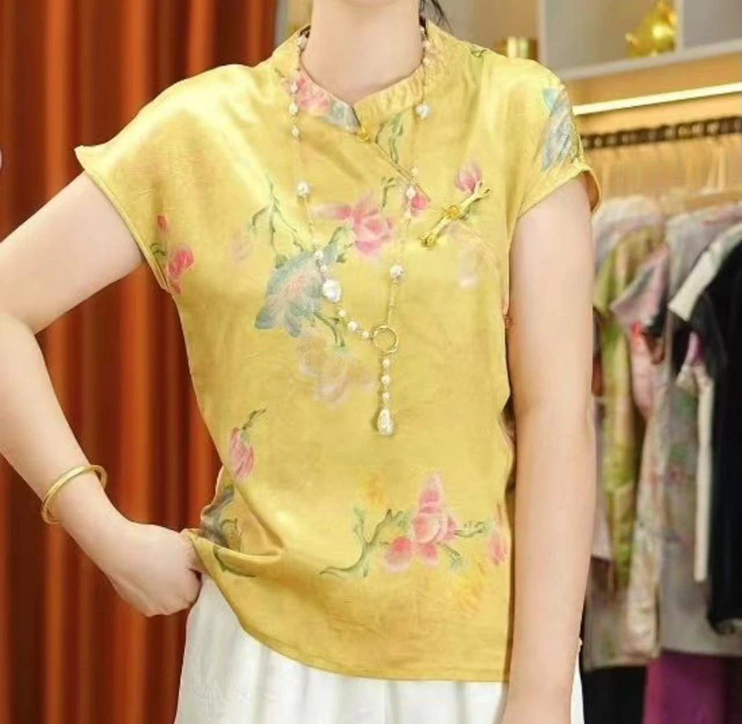 【素锦】新款上新长款立领短袖印染薄款圆领上衣古风唐装百搭时尚款