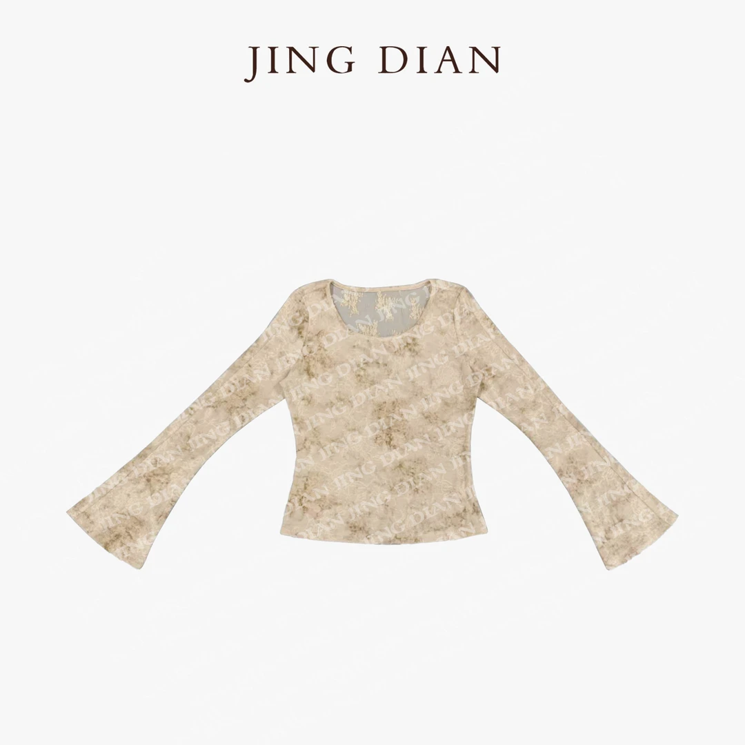 【JINGDIAN】小众款后背蕾丝圆领喇叭长袖小衫 设计款气质女士长袖