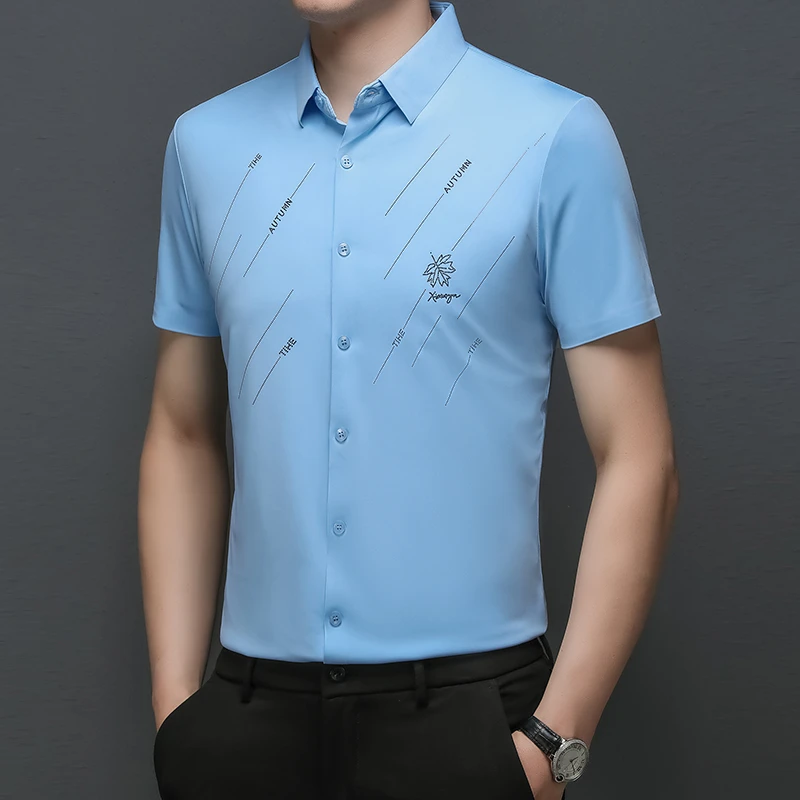 2025男士短袖无痕高档衬衫高弹夏季条纹百搭时尚男装商务潮流衬衣