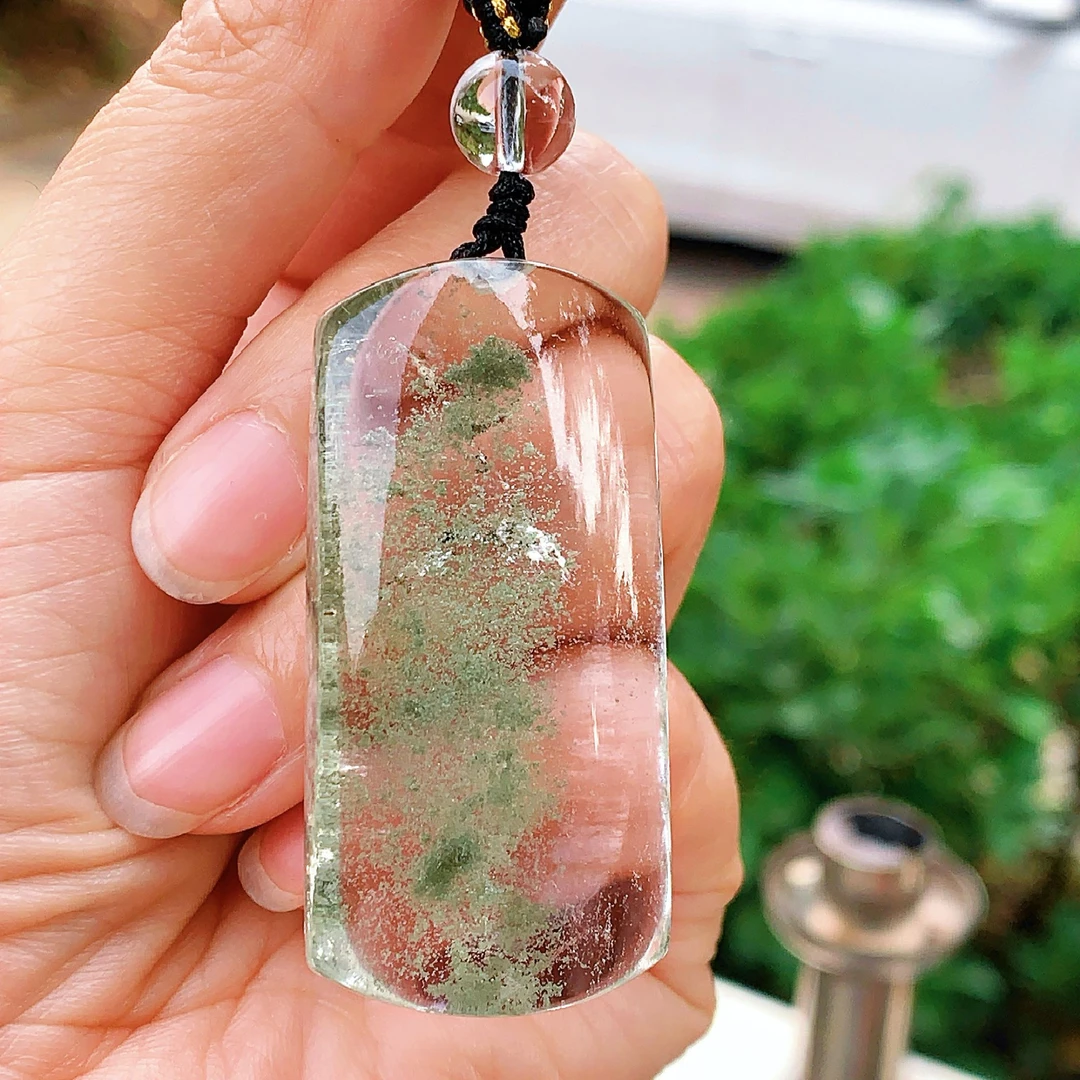 东海水晶天然绿幽灵水晶吊坠毛衣链平安聚宝盆无事牌项链男女饰品