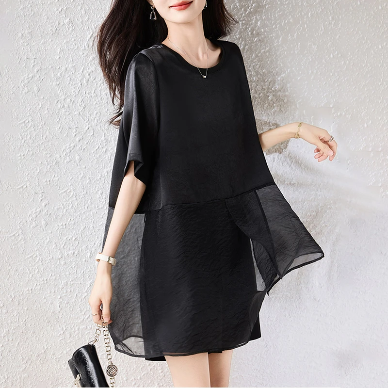 【女神新衣】2025夏简约宽松气质百搭休闲女装中长款拼接短袖上衣