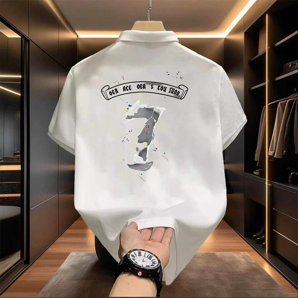 潮牌印花polo衫男短袖T恤美式宽松翻领男士衬衫商务休闲男装半袖