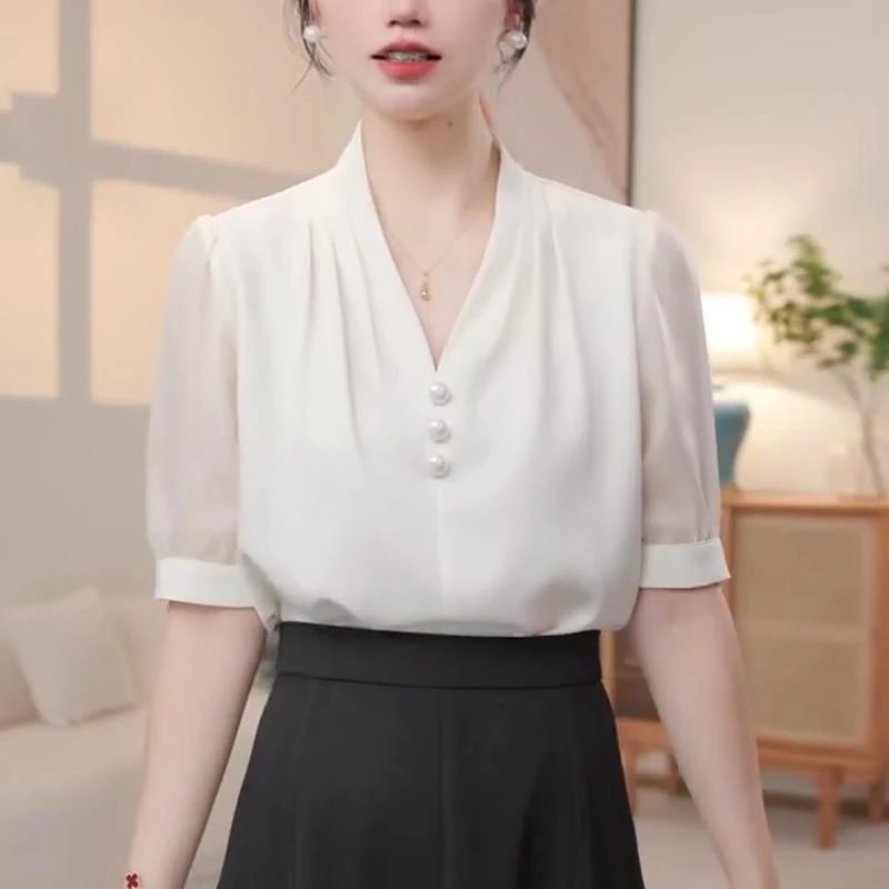 哥弟阿玛施正品气质雪纺衬衫女士夏季新款时尚大码减龄显瘦短袖别