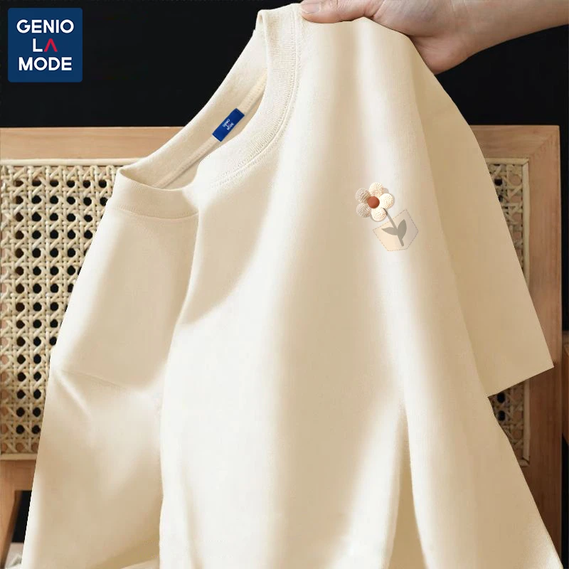 GENIOLAMODE纯棉圆领短袖t恤男2025夏季新款日系复古潮流情侣上衣