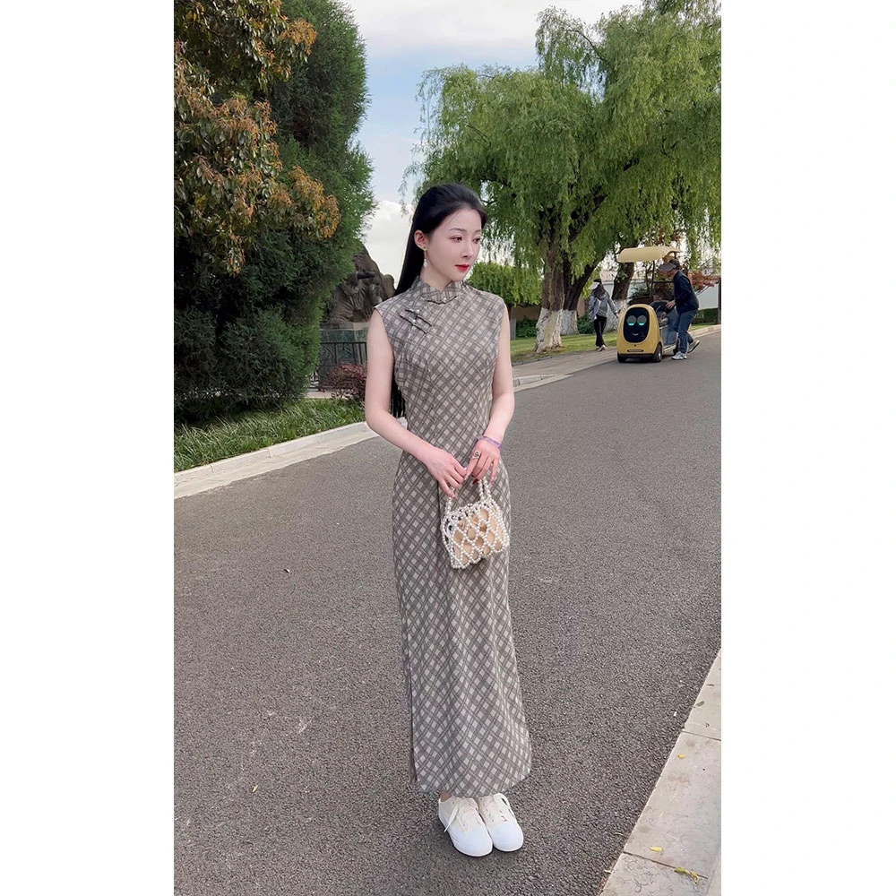 【花样年华】灰色格子改良旗袍新款2025夏季少女年轻款高端气质显瘦